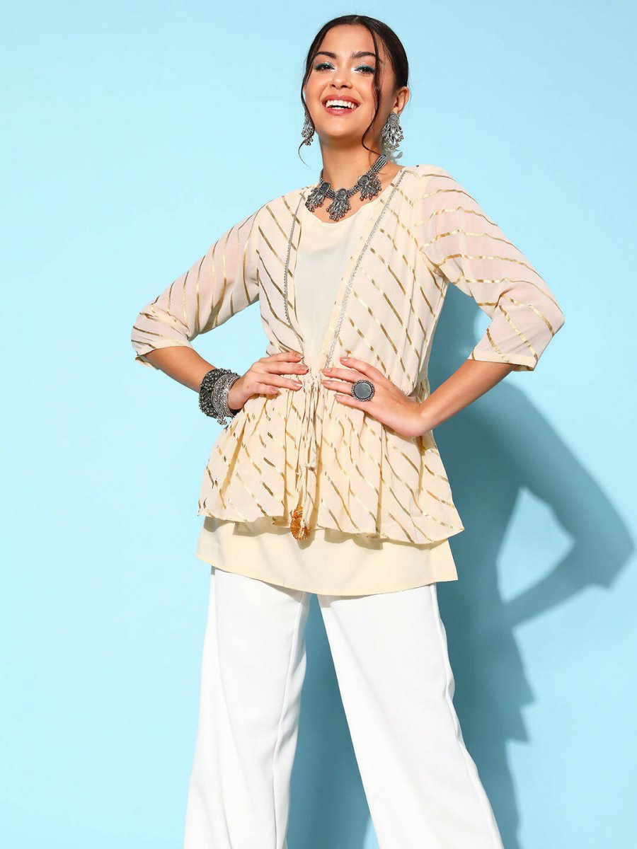 Ahalyaa Off-White Solid Fluid Tie-Up Top | Grocsy