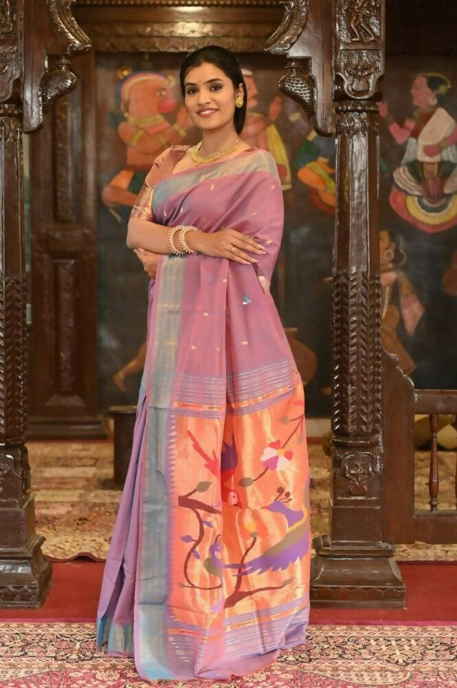 Very Much Indian Handloom Pure Cotton Paithani Peacock Pallu-Dual Tone Blue Pink | Grocsy