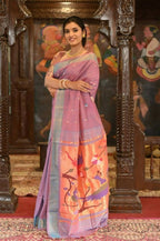 Very Much Indian Handloom Pure Cotton Paithani Peacock Pallu-Dual Tone Blue Pink | Grocsy