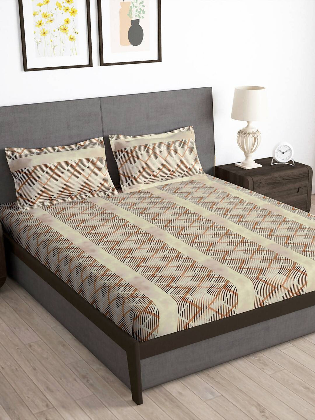 Story@home Brown & White Striped Microfiber 180 TC Bedsheet With Pillow Cover | Grocsy