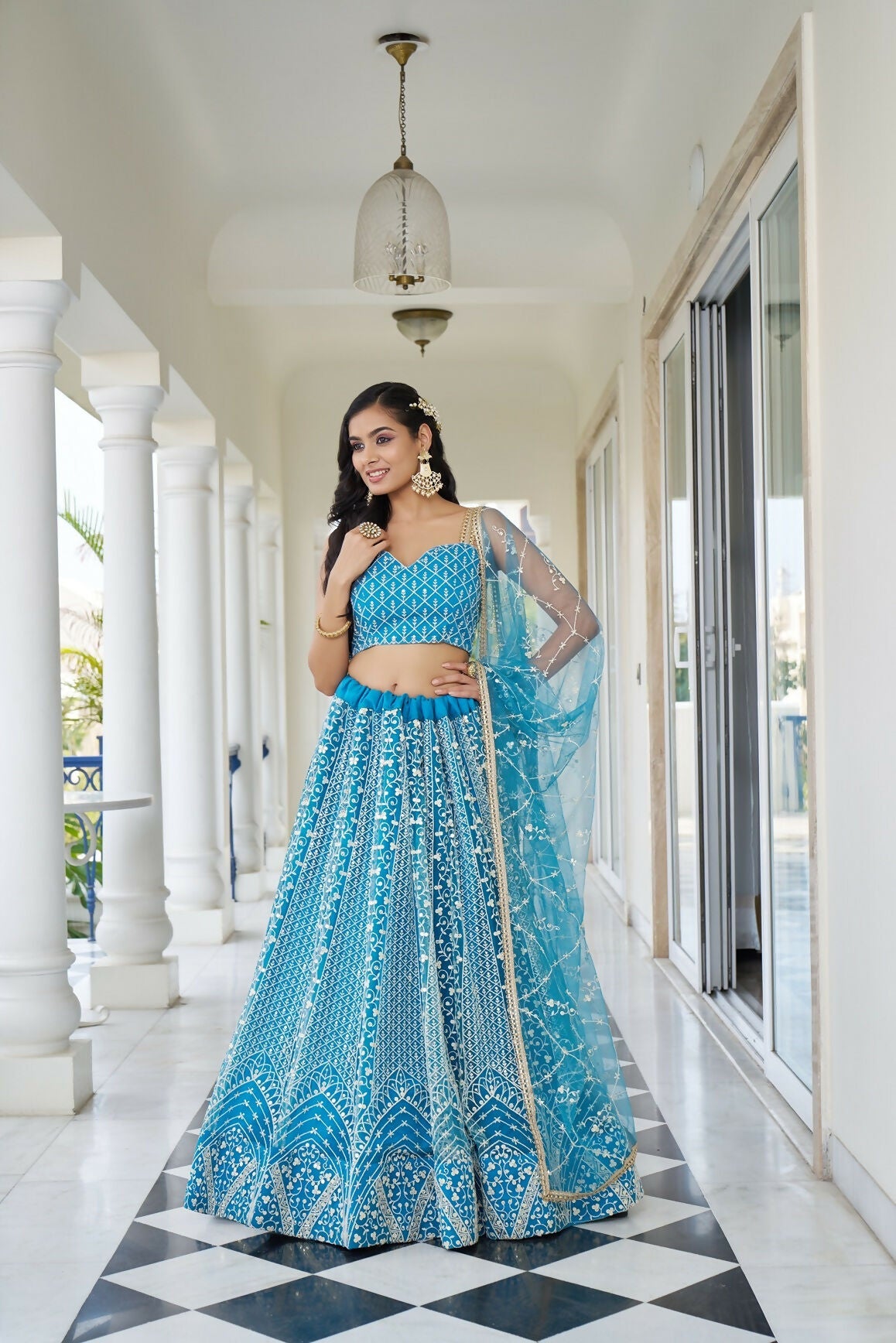Eilara Glamorous Sky Blue Butterfly Net With Thread And Sequence Embroidered Work Lehenga Choli For Wedding | Grocsy