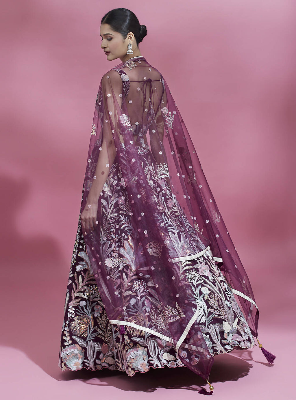 House of Panchhi Burgundy Net Sequinse Work Lehenga & Blouse with Dupatta | Grocsy