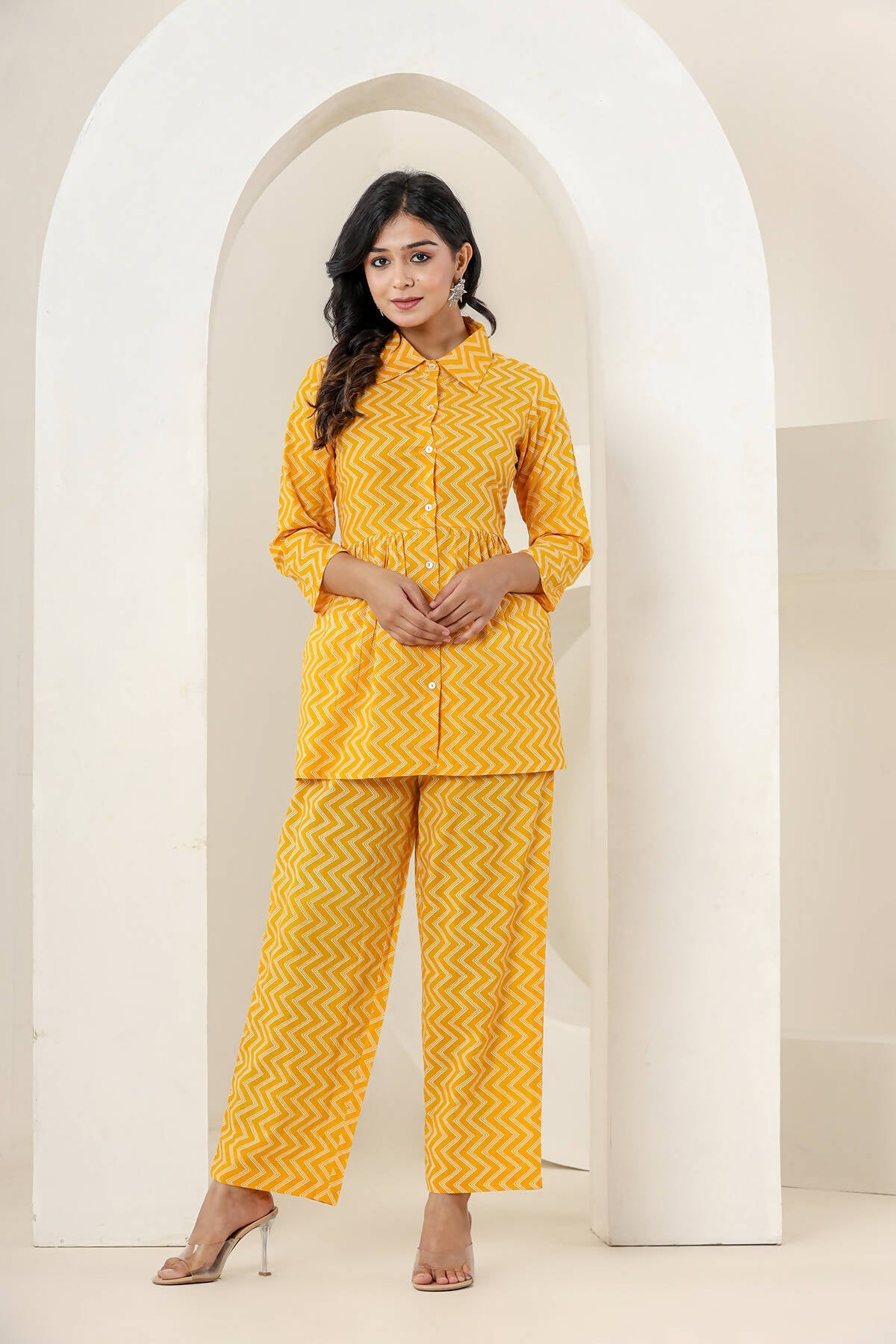 Kaajh Women's Yellow Zigzag Print Cotton Co-ord Set | Grocsy