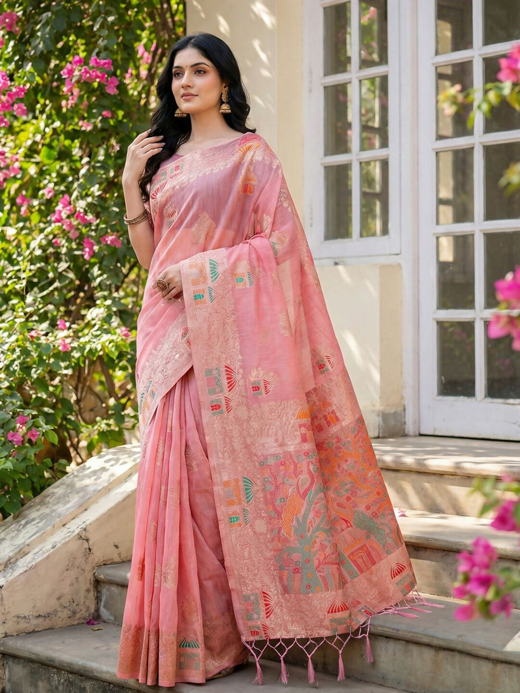 Shree Shyam Fashion Pink Linen Cotton Saree | Grocsy
