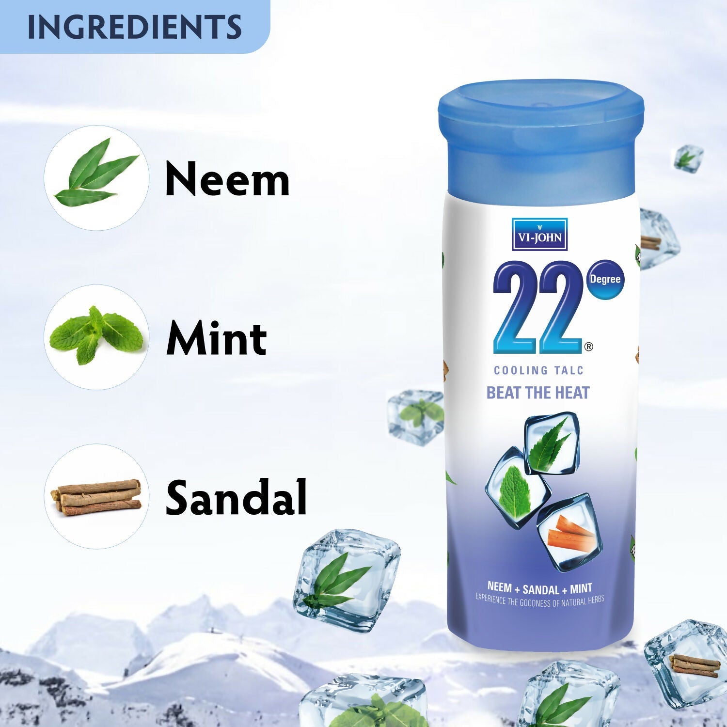 VI-JOHN 22 Degree Cooling Talc Beat the Heat Neem,Sandal and Mint | Grocsy