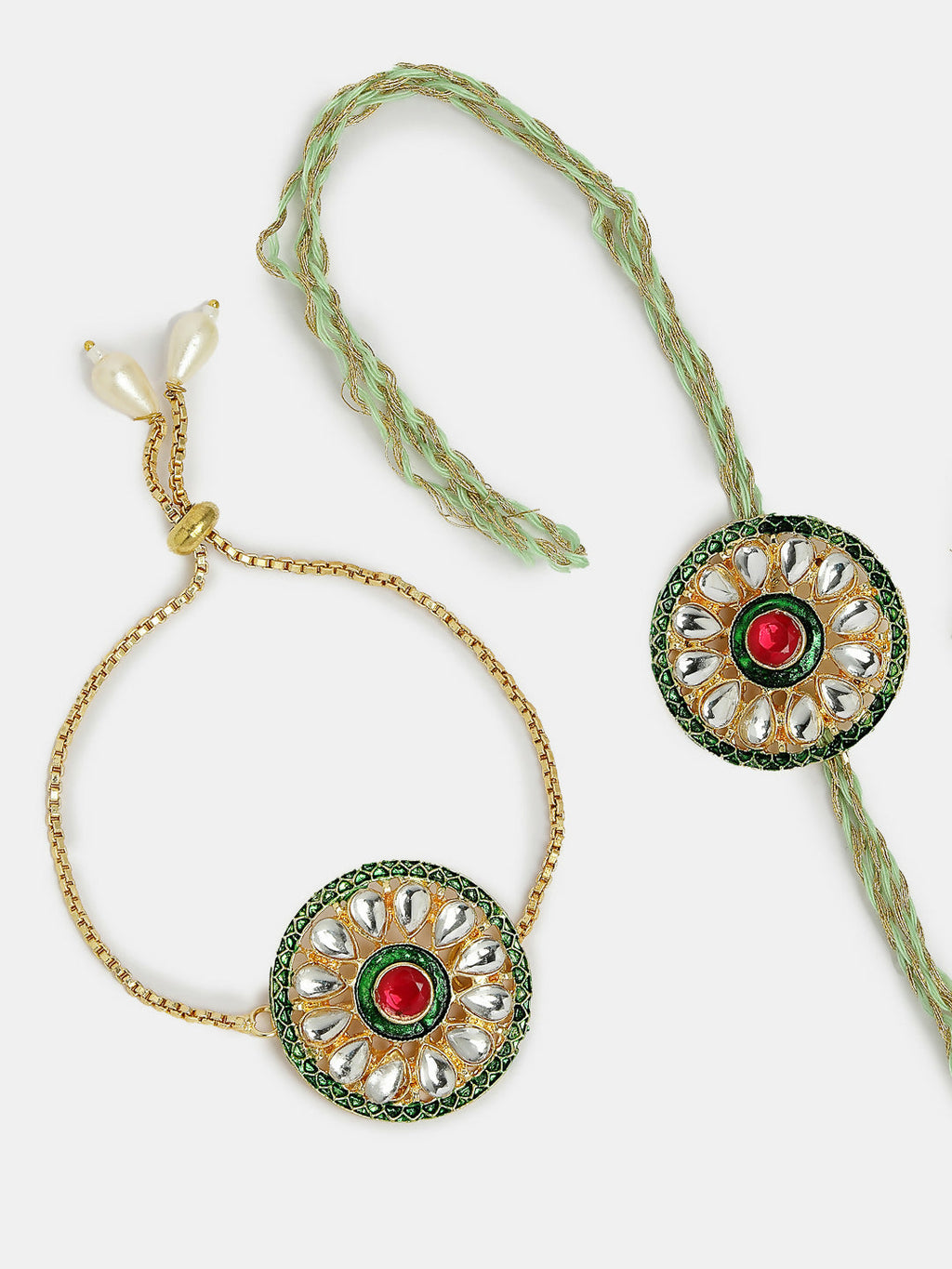NVR Women & Men Set of 2 Gold Kundan-Studded Handcrafted Wraparound Rakhi Set With Roli Chawal & Chocolate | Grocsy