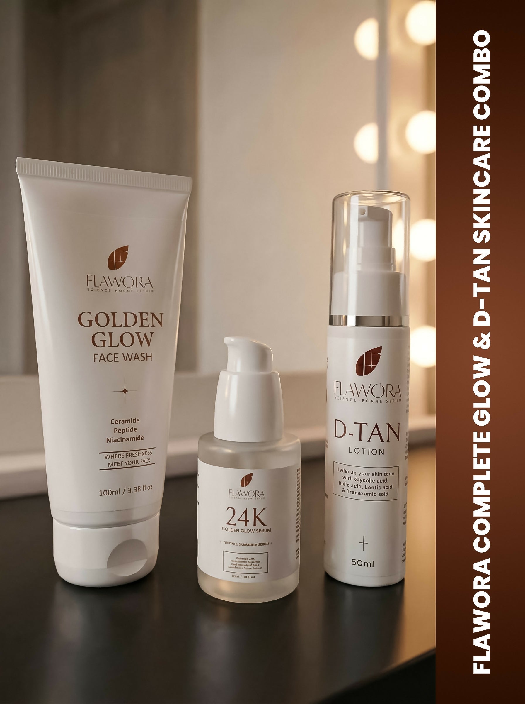 Flawora Set of Golden Glow Face Wash, D-Tan Lotion and 24k Golden Glow Face Serum | Grocsy