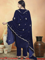Jyoti Fashion Women's Navy Blue Velvet Cording with Resham Thread & Sequin Kurta with Trouser & Dupatta | Grocsy