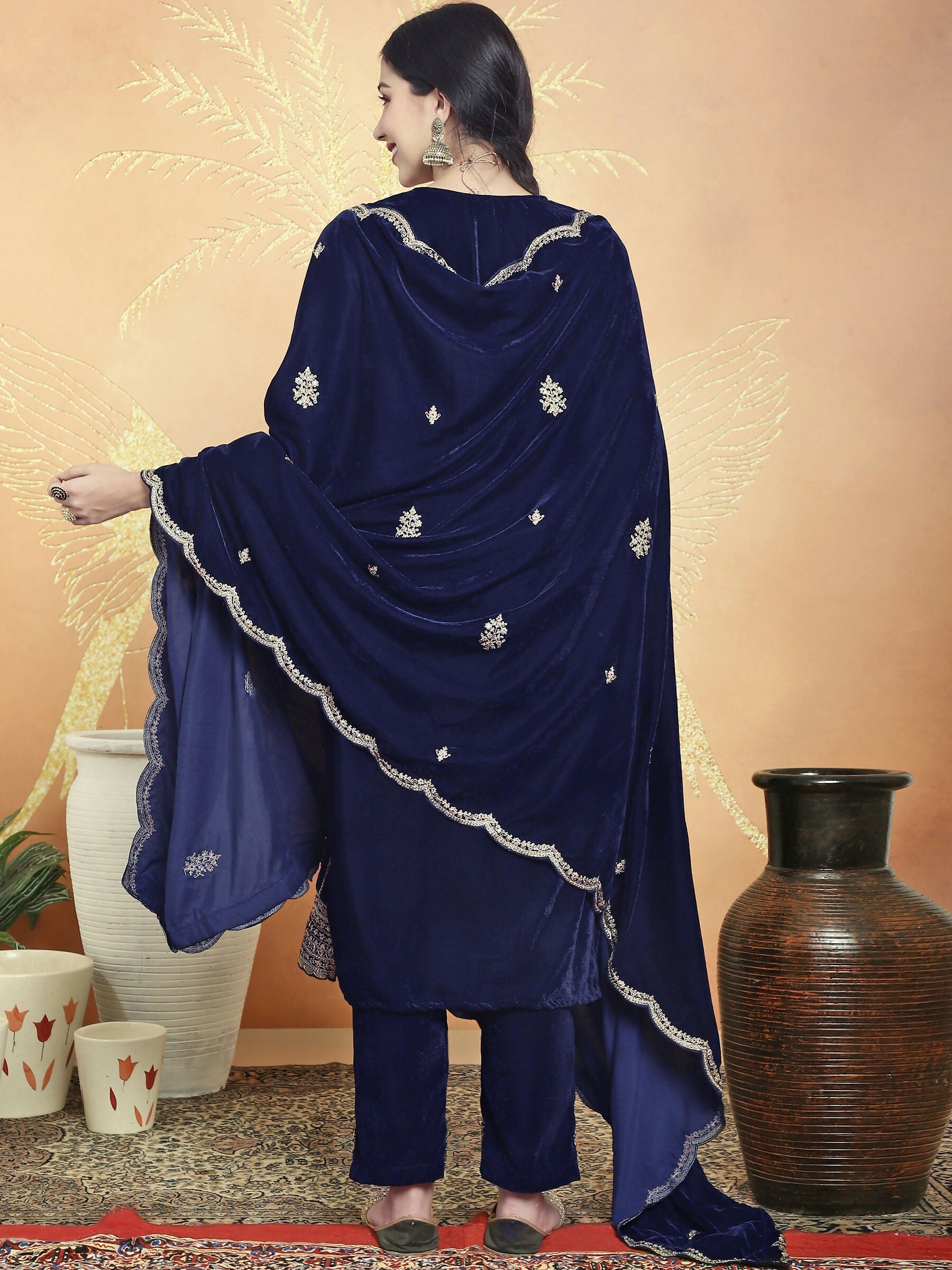 Jyoti Fashion Women's Navy Blue Velvet Cording with Resham Thread & Sequin Kurta with Trouser & Dupatta | Grocsy