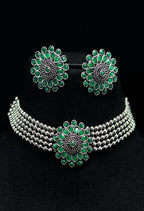 Mominos Fashion Johar Kamal Oxidised Silver-Plated Brass Finish Kundan Choker For Women (Green) | Grocsy