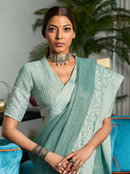 Shree Shyam Fashion Elegant Sea Green Woven Linen Saree with Contrast Zari Border & Tassels - Soft & Breathable Party Wear | Grocsy