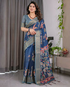 PR Fashion Blue Pure Handloom Linen Saree | Grocsy