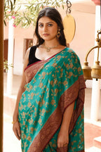 Joban Fashion Teal Green Crepe Chiffon Pure Handloom Banarasi Silk Saree | Grocsy