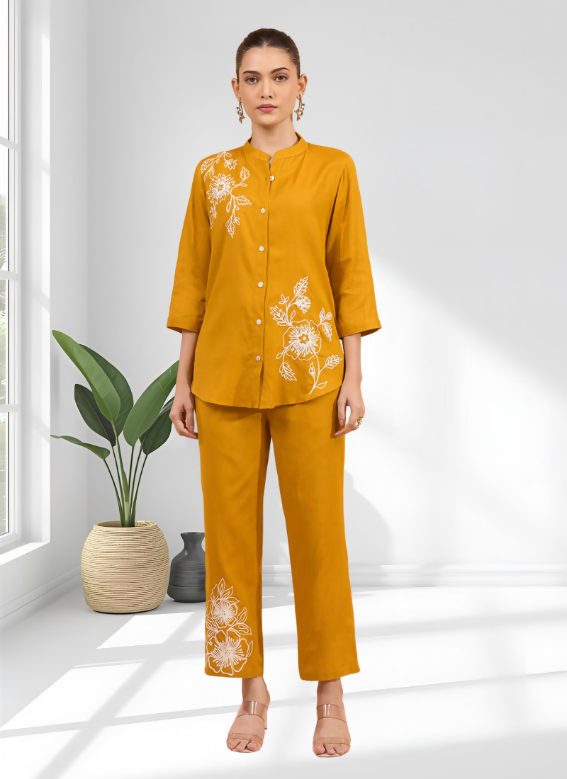 Joban Fashion Mustard Cotton, Linen Embroidered Readymade Cord Set | Grocsy