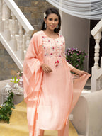 Peach Roman Silk Plain Kurta with Pant & Dupatta - Disha | Grocsy