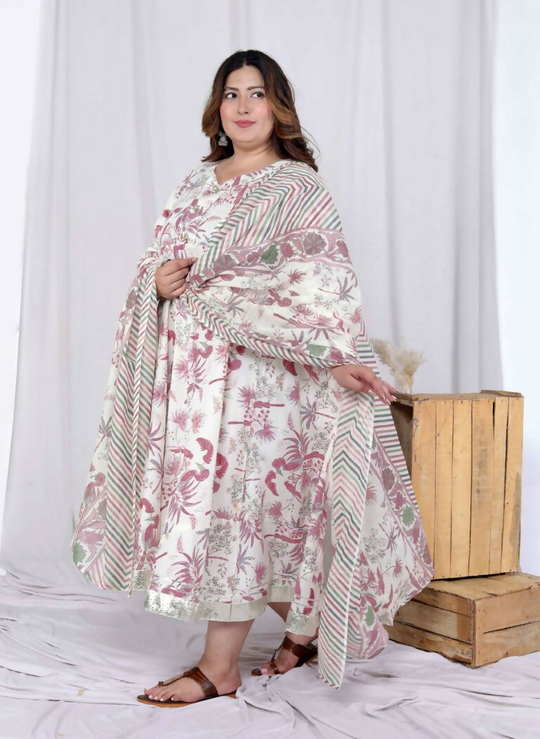 Miravan Women's Plus Size Light Pink Floral Printed and Anarkali Kurta with Dupatta | Grocsy