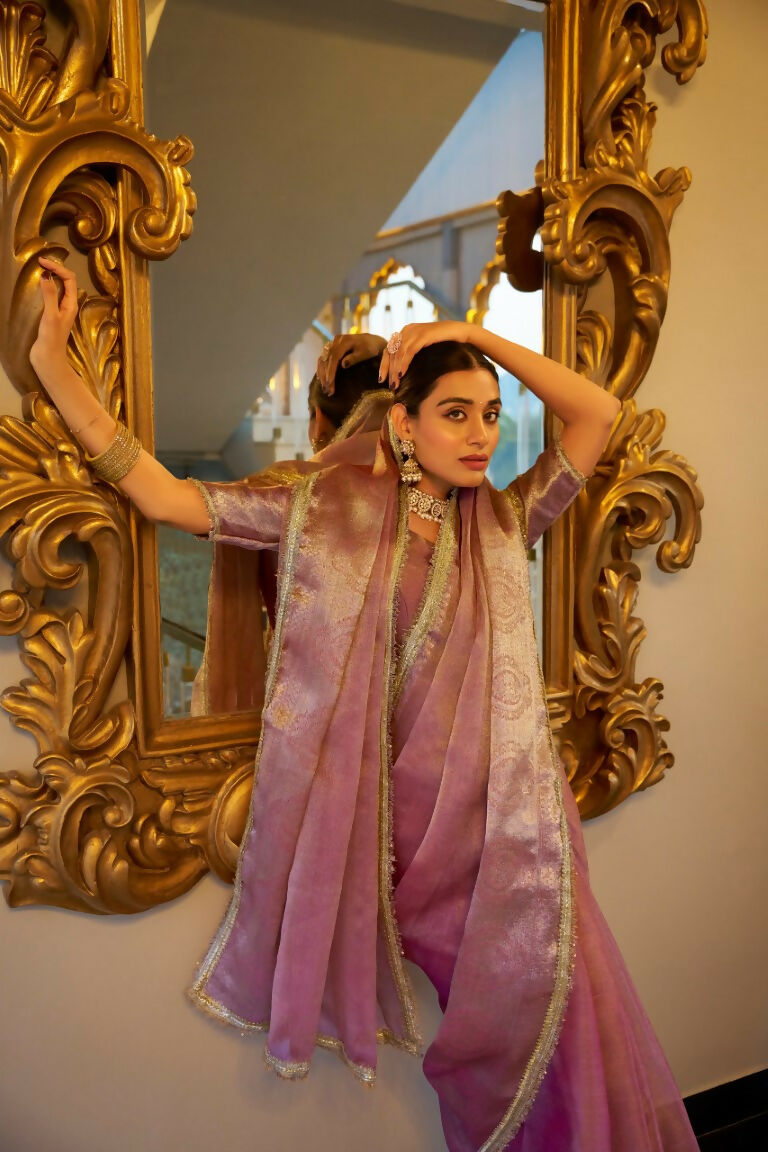 Vastranavya Baby Pink Tissue Shimmer Zari Weaving Work Saree with Unstitched Blouse | Grocsy