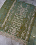 KC Heavy Embroidery Worked Two Ton Moss Silk Parrot Green Suit For Women | Grocsy