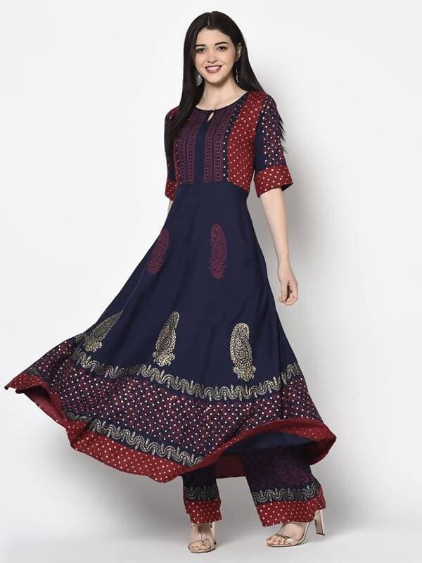 Aniyah Rayon Navy Blue Color Block Print Anarkali Palazzo Set (AN-176K) | Grocsy