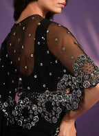 Black Crepe Satin Silk Embroidered Saree With Stitched Blouse - Mohmanthan Exotica | Grocsy