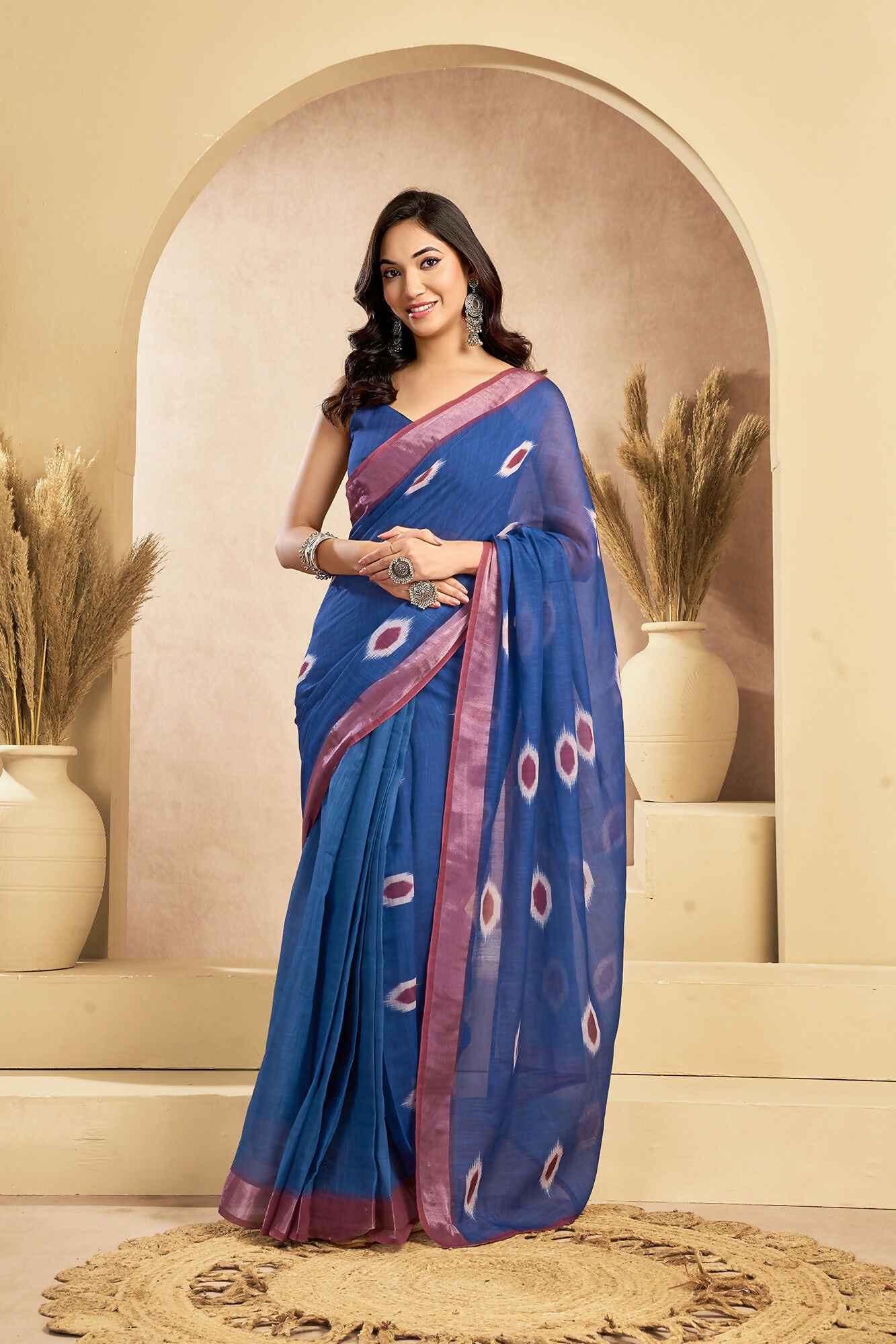 Vastranavya Blue Digital Printed Linen Ready To Wear Pocket Saree with Unstitched Blouse | Grocsy