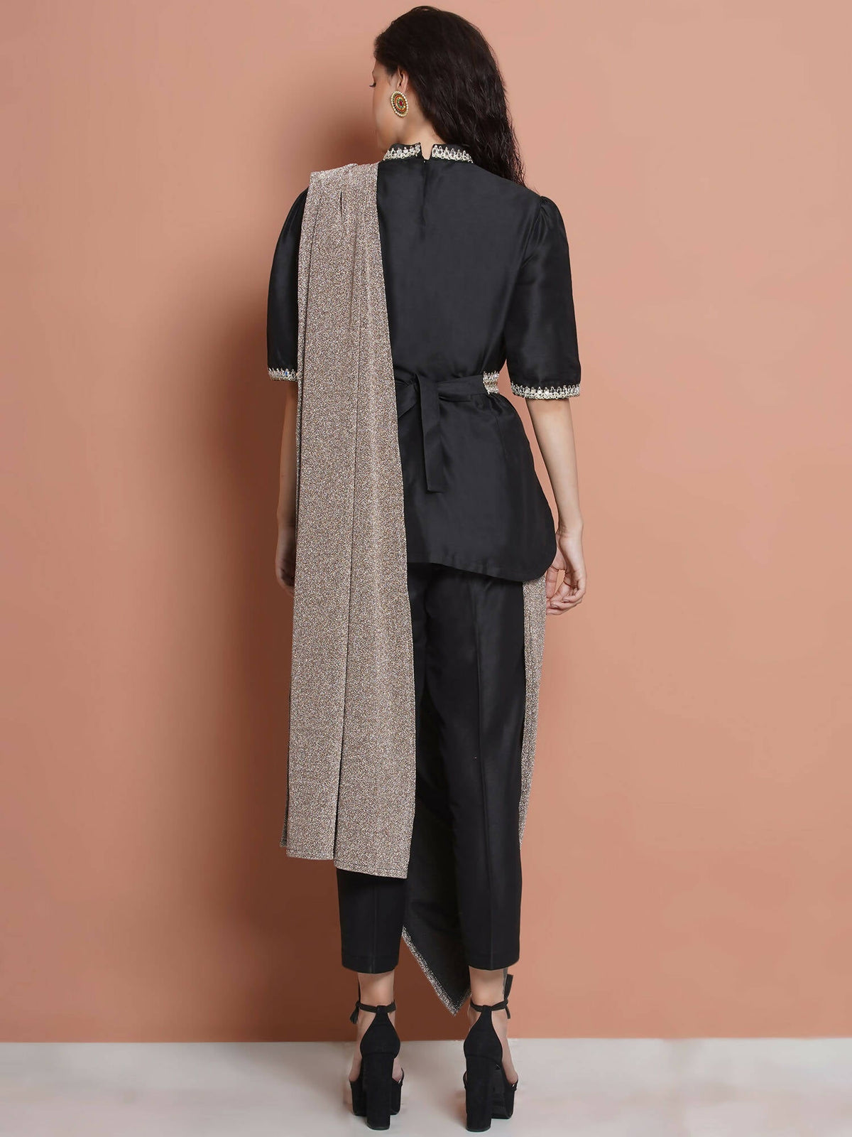 Women Republic Black Cotton Blended Set with Attached Drape | Grocsy