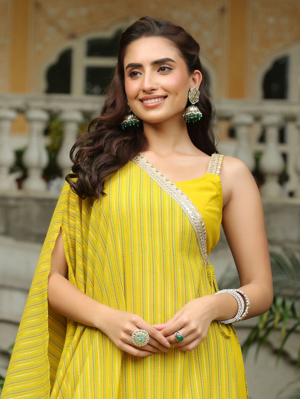 Janasya Yellow Georgette Solid Top Bottom Cape | Grocsy