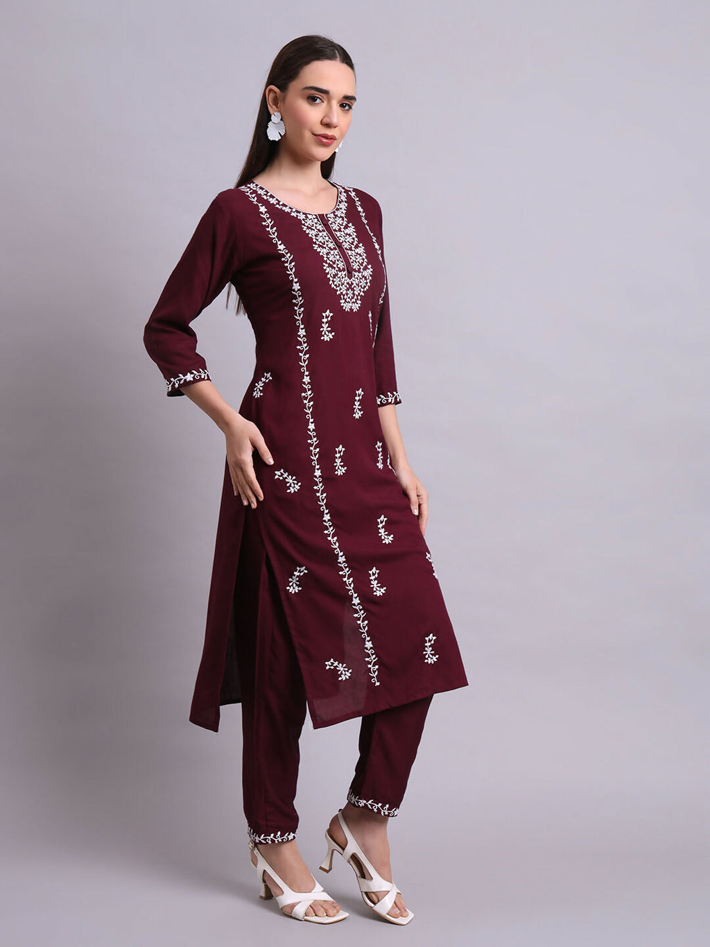 Joban Fashion Purple Cotton & Embroidery Work Kurta With Trousers Set | Grocsy