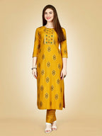 Jyoti Fashion Women's Yellow Viscose Rayon Embroidered Kurta Pant Set | Grocsy