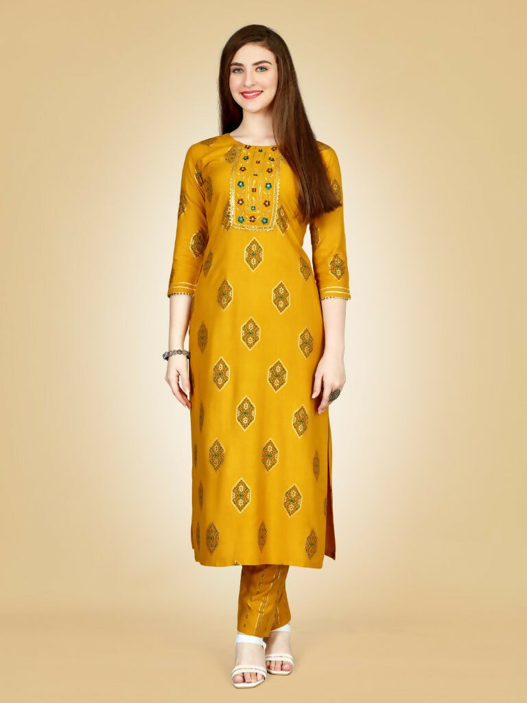 Jyoti Fashion Women's Yellow Viscose Rayon Embroidered Kurta Pant Set | Grocsy