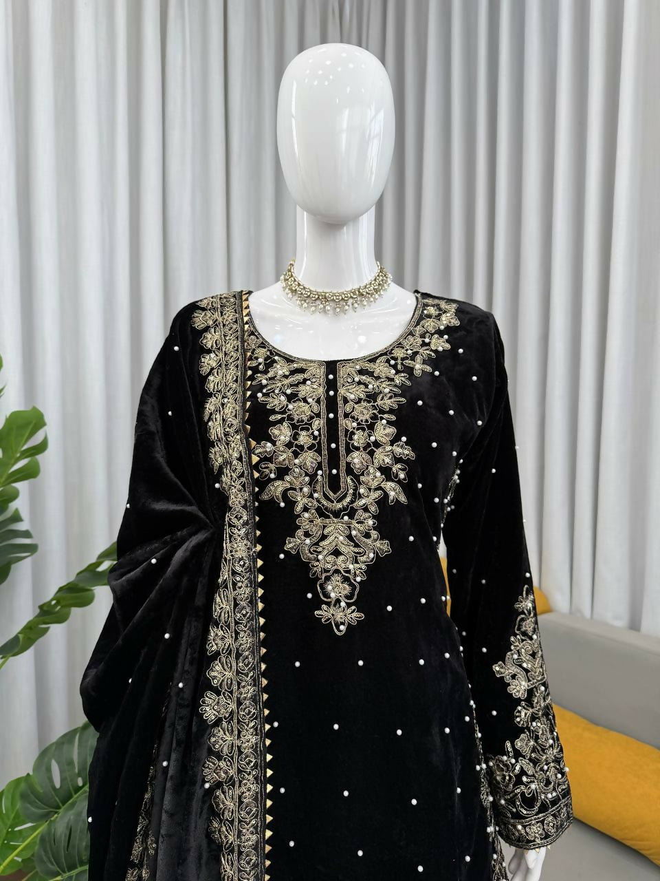 Vastranavya Black Viscose Velvet Cording Sequence With Moti Work Top-Bottom With Dupatta | Grocsy