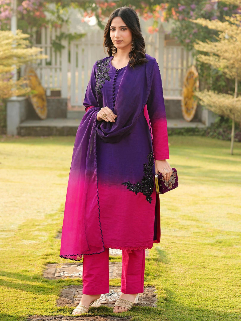 Nikhaar Dark Purple Embroidered Art Silk Stitched Straight Cut Kurta Pants Dupatta Readymade Suit | Grocsy
