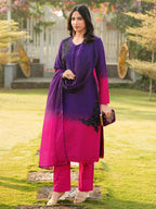 Nikhaar Dark Purple Embroidered Art Silk Stitched Straight Cut Kurta Pants Dupatta Readymade Suit | Grocsy