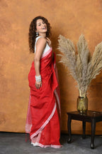 Very Much Indian Pure Cotton Handloom Saree with Buttis & Sleek Border - Red | Grocsy