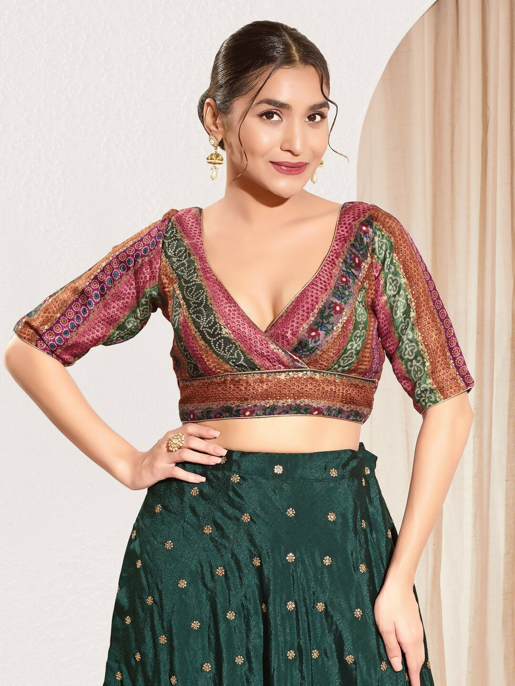 Joban Fashion Magenta Brocade Padded Blouse With V Neck Elbow Sleeves | Grocsy