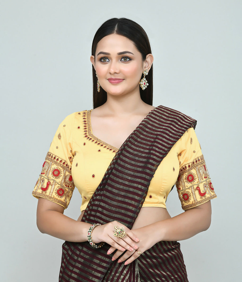 Joban Fashion Women's Light Yellow Embroidered Stitched Blouse | Grocsy