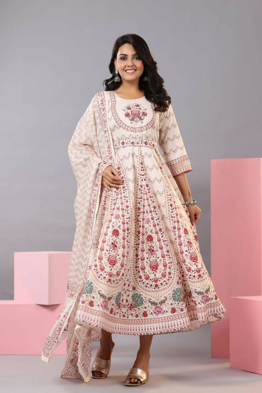Juniper Women Ecru Rayon Floral Printed Kurta and Dupatta Set | Grocsy
