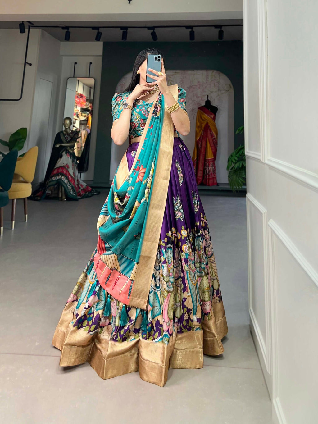 Vastranavya Kalamkari Print With Weaving Border Lehenga with Unstitched Blouse - Purple | Grocsy