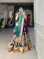 Vastranavya Kalamkari Print With Weaving Border Lehenga with Unstitched Blouse - Purple | Grocsy