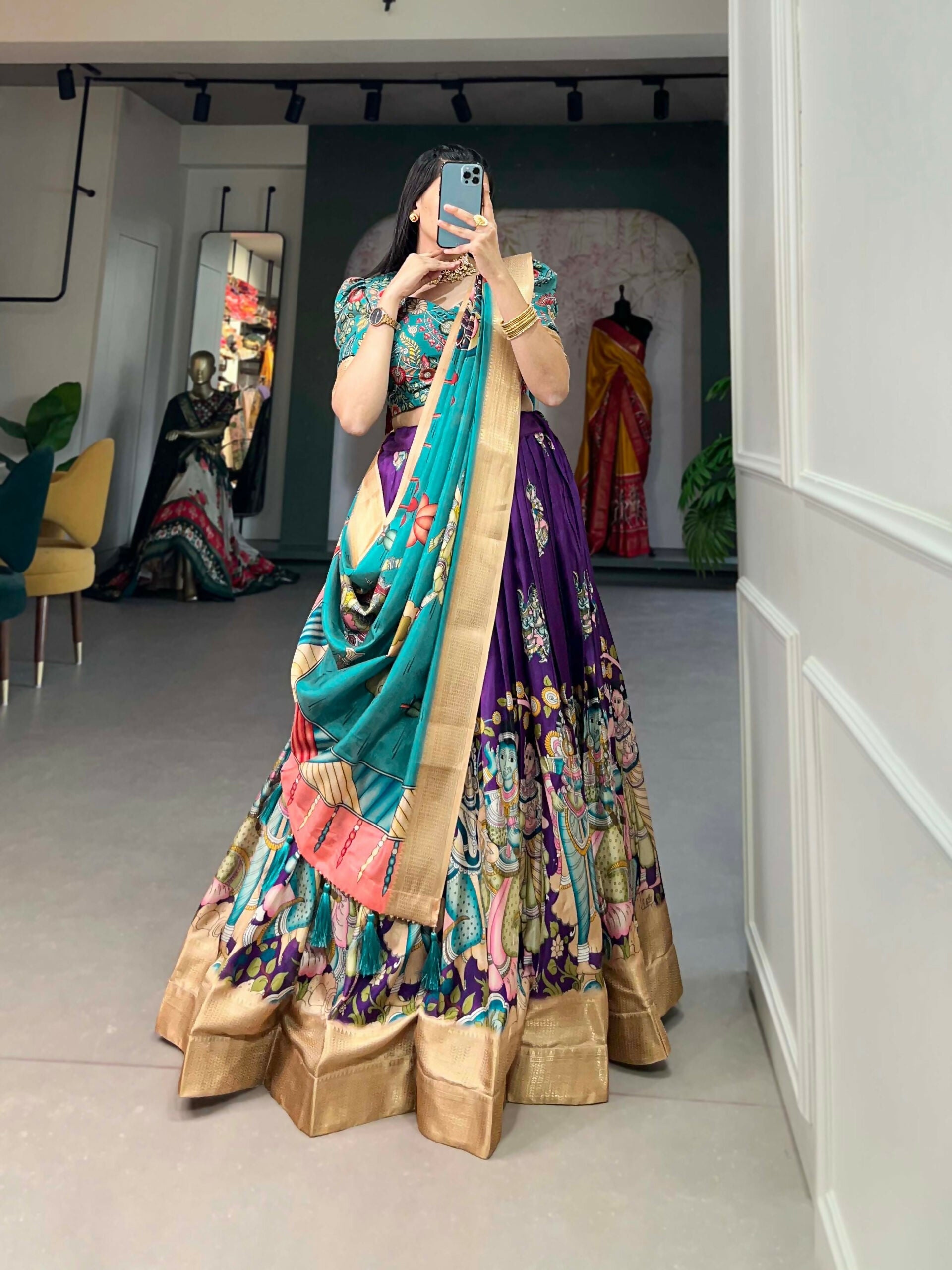 Vastranavya Kalamkari Print With Weaving Border Lehenga with Unstitched Blouse - Purple | Grocsy