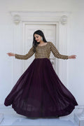 Jyoti Fashion Women's Wine Sequence Zari Embroidered Faux Blooming Anarkali Dress | Grocsy