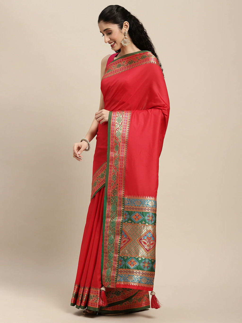 Shree Shyam Fashion Silk Blend Red Saree | Grocsy
