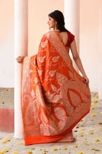 Joban Fashion Orange Banarasi Soft Pure Handloom Banarasi Silk Saree | Grocsy