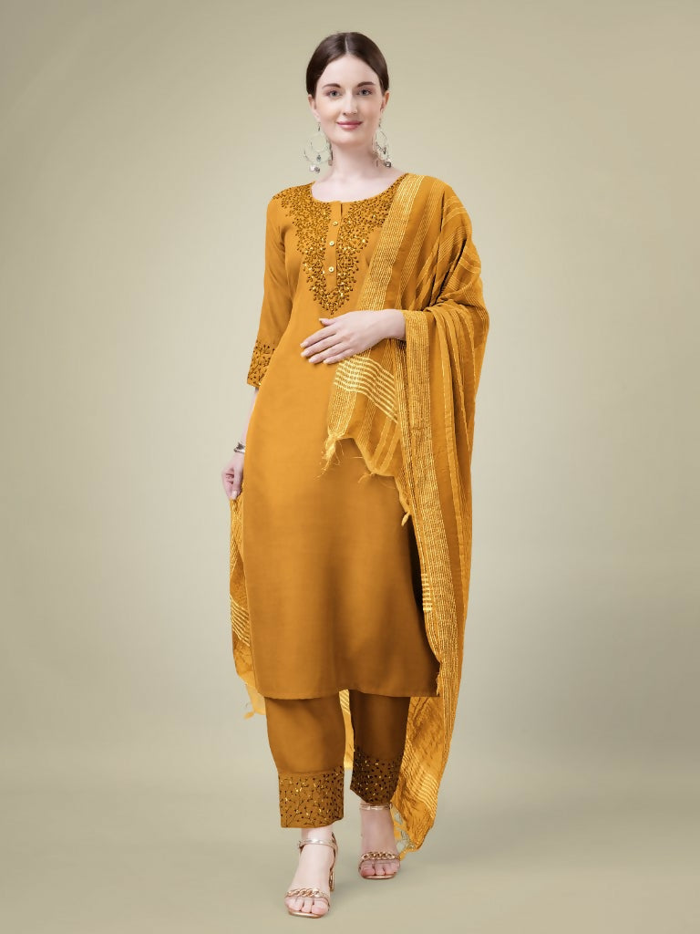Jyoti Fashion Women's Mustard Cotton Blend Embroidery & Sequence work Kurta with Trouser & Dupatta | Grocsy