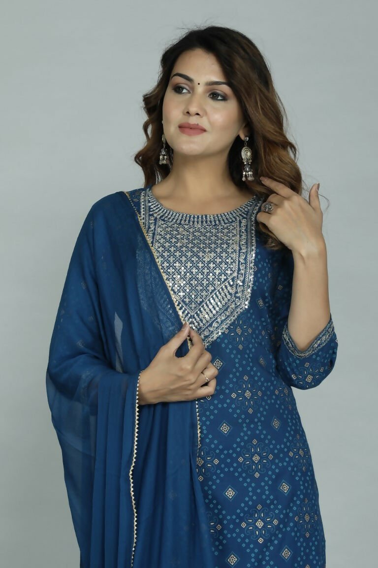 Alvano Printed Sequence Kurti with Pant and Dupatta set Rayon (Blue) | Grocsy