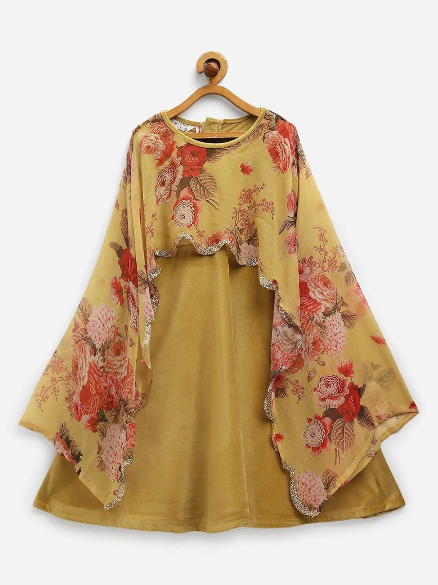 Ahalyaa Mustard Velvet Kids Dress With Attached Dupatta For Girls | Grocsy