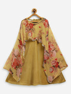 Ahalyaa Mustard Velvet Kids Dress With Attached Dupatta For Girls | Grocsy
