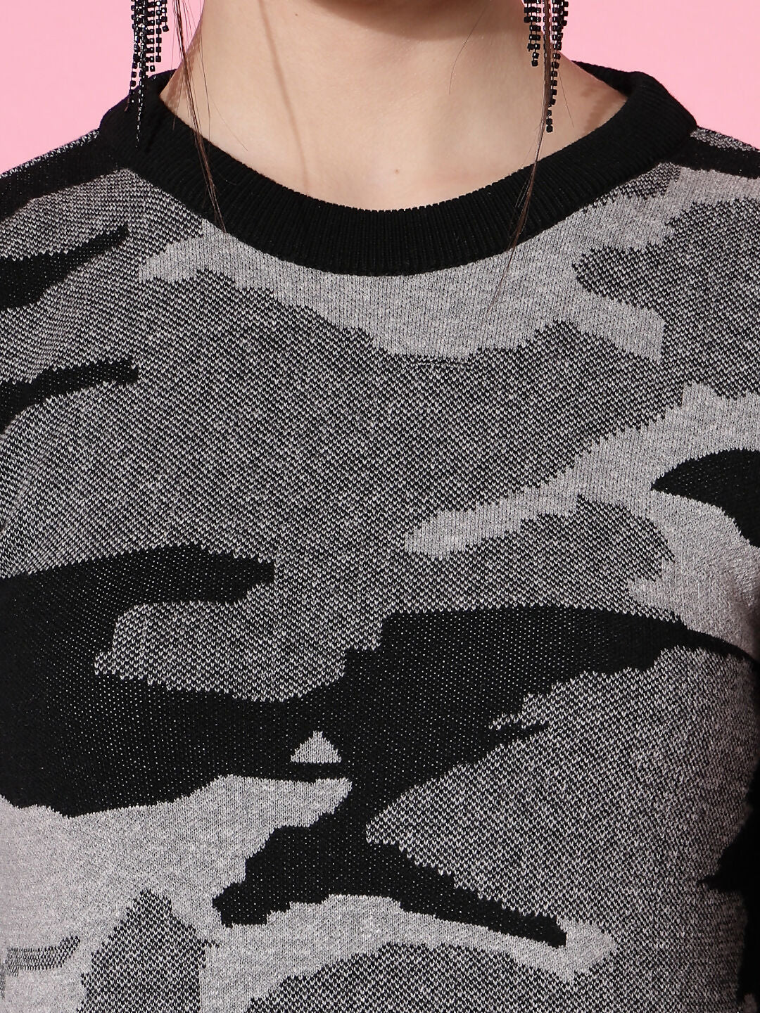 Women Black Acrylic Camouflage Knit Winter Dress - Wool Trees | Grocsy