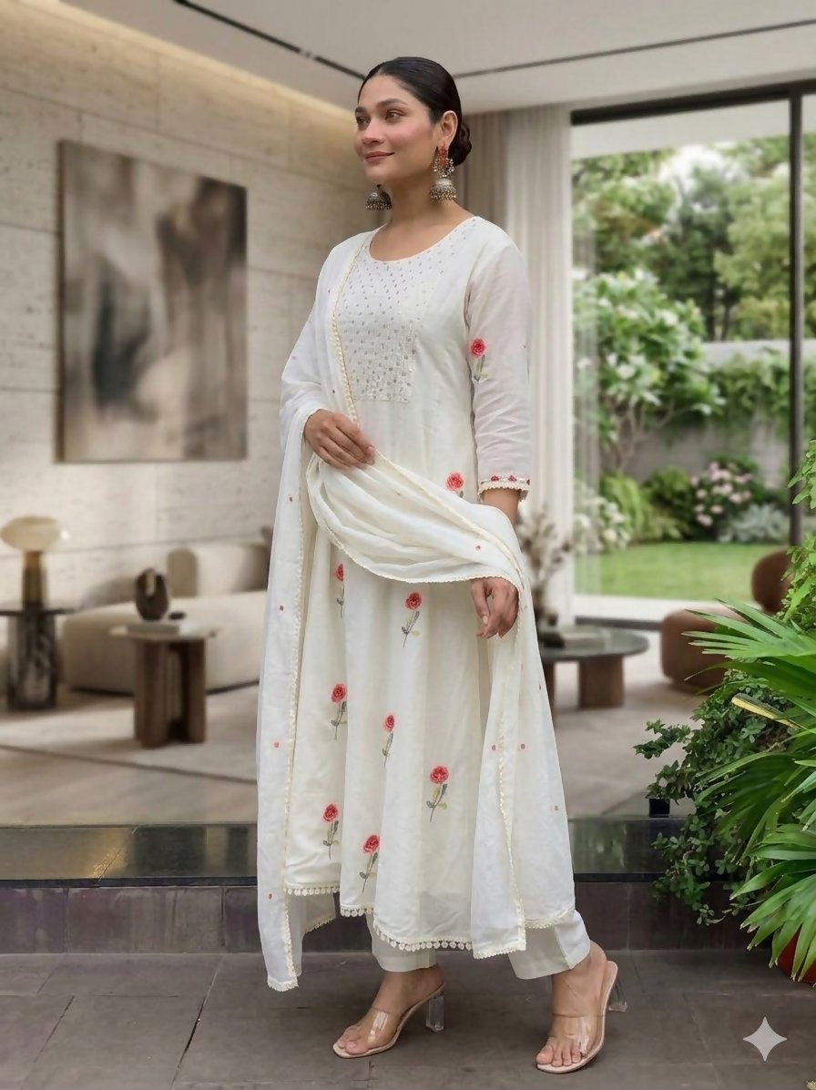 Teeya Creation Elegant White Straight Kurti Pant Set With Rose Motif Embroidery For Women | Grocsy