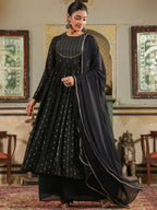 Janasya Black Georgette Foil Print Kurta,Bottom & Dupatta | Grocsy
